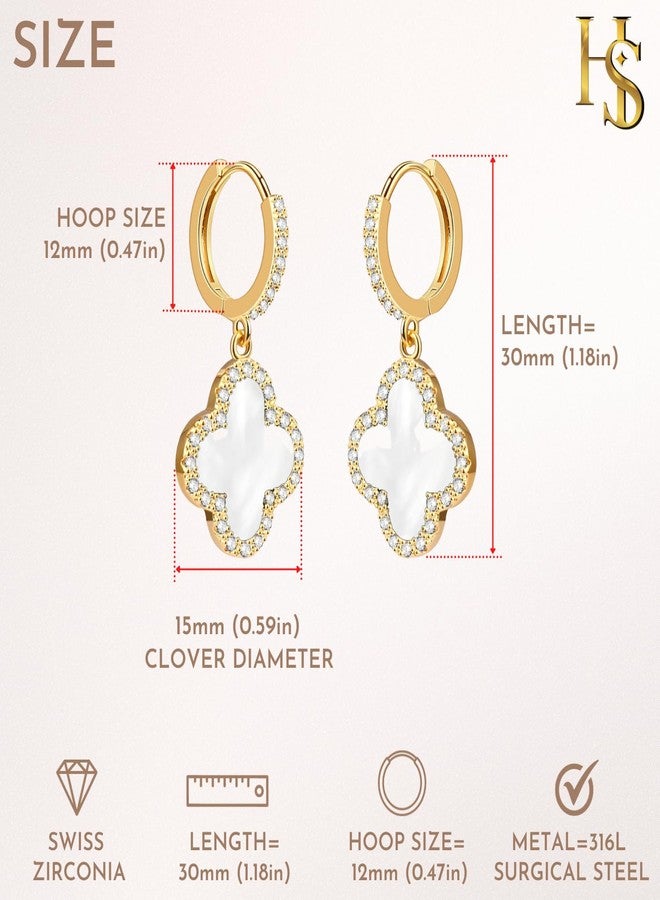 HighSpark Huggie Hoop Clover Earrings for Women | Mother of Pearl Clover Dangle Hoop Earrings | Lovely Gift - White - Image 2